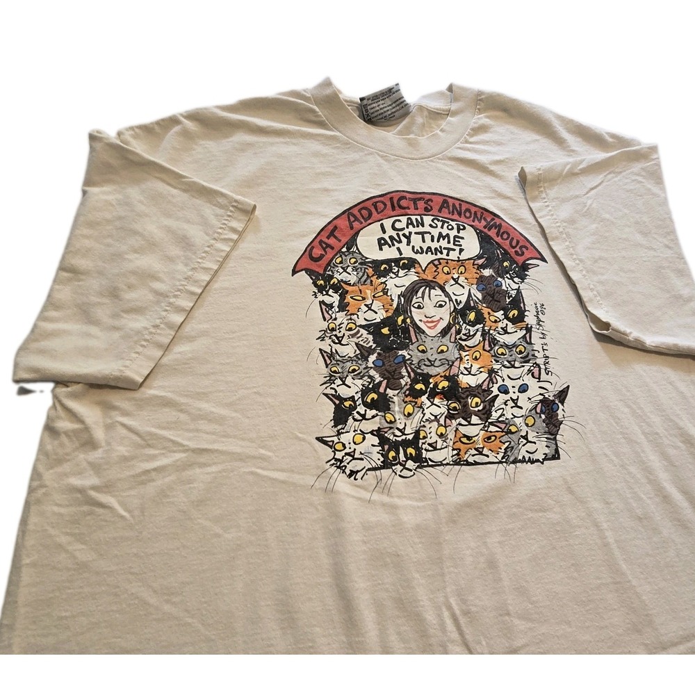 Vintage 90s Y2K Strip T's Stephanie 1996 Cat Addict T-Shirt Women XL USA Graphic
